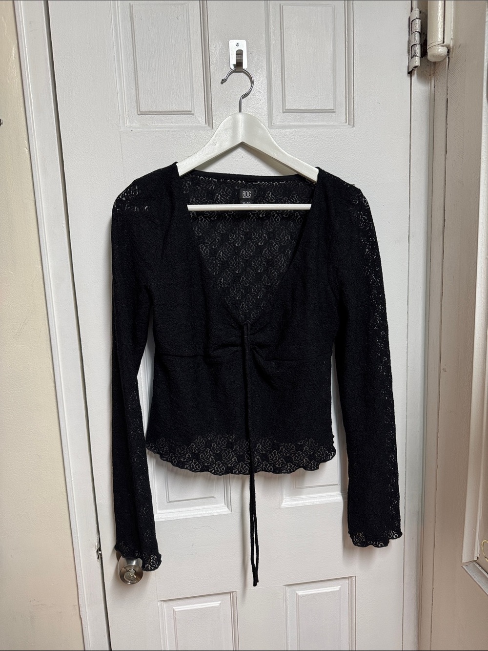 BDG Black Lace Tie-Front Long Sleeve Top